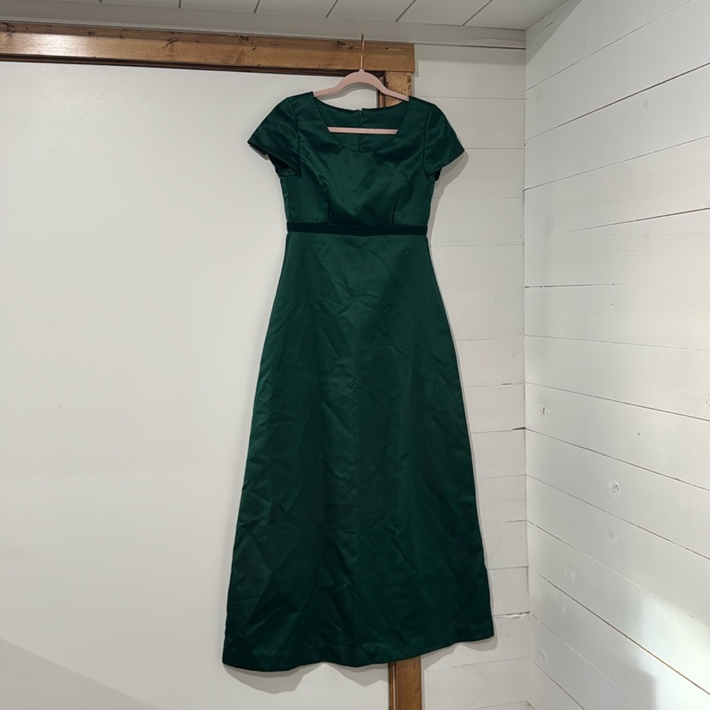 Floor length satin green dress